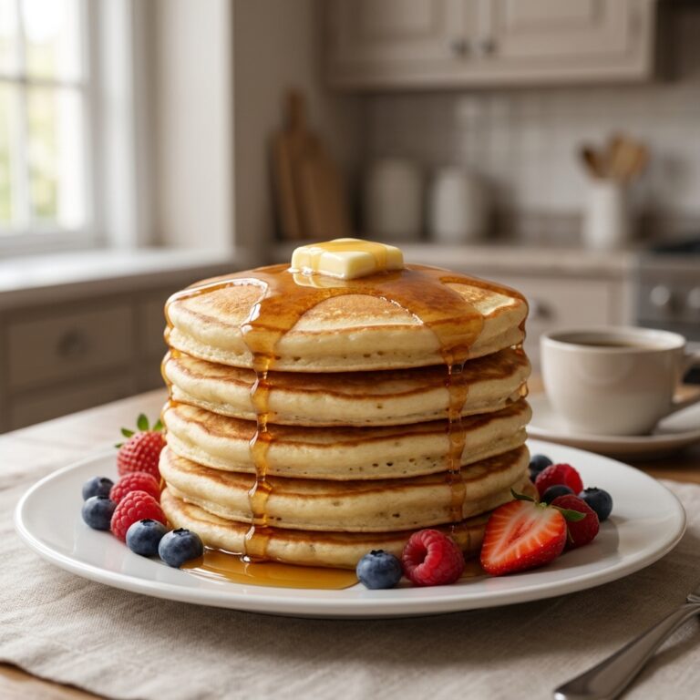 fluffy pancake recipe with butter and maple syrup