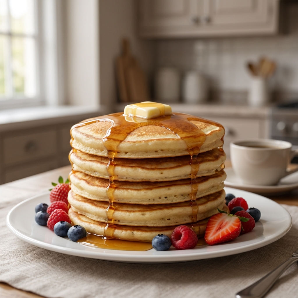 fluffy pancake recipe with butter and maple syrup